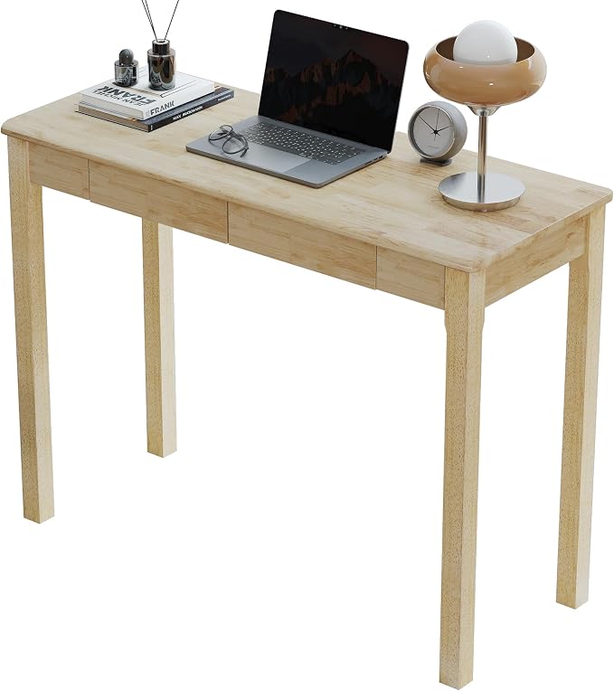 Solid Wood Desk with Drawers - 39 x 16 Inch Simple Narrow Desks, Rubber Wood Study Table, Small Writing Desk for Small Spaces|Bedroom - Natural Boho Desks