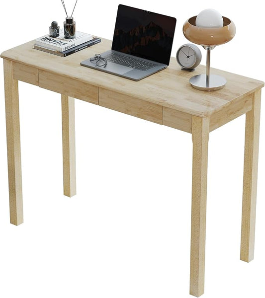 Solid Wood Desk with Drawers - 39 x 16 Inch Simple Narrow Desks, Rubber Wood Study Table, Small Writing Desk for Small Spaces|Bedroom - Natural Boho Desks