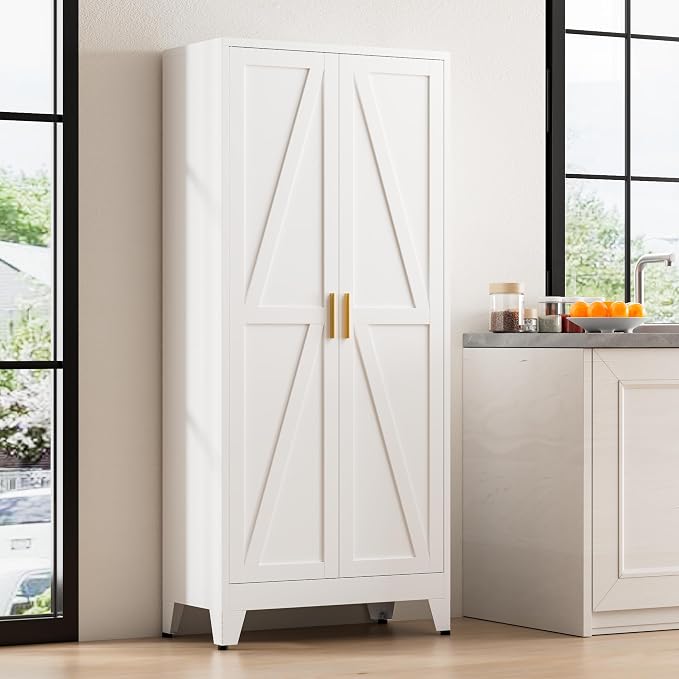 61" Tall Metal Pantry Cabinet, Kitchen Storage Cabinet with 2 Doors and 3 Adjustable Shelves for Kitchen, Living Room, Dining Room, Bathroom and Home, Office (White, 1PC)