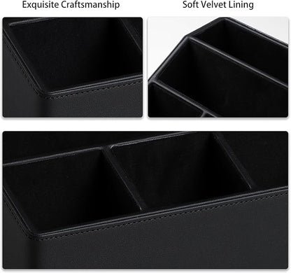 Desk Organizer Caddy with 5 Compartments for Office Art Supplies, PU Leather Nightstand Organizer Pencil Pen Desk Caddy for Home, Desktop TV Remote Control Holder Storage (Black)