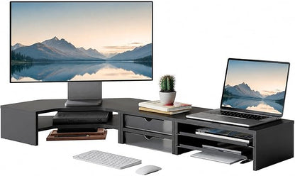 Fenge Dual Monitor Stand, 2-Tier Corner Monitor Riser with Drawer and Slide-out Tray, Triangle Desktop Shelf Organizer for Laptop Computer Printer Home Office Desk, Black