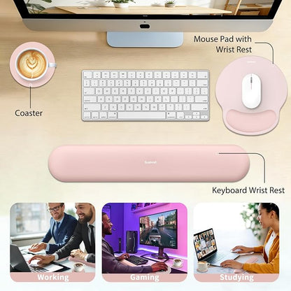 Sushret Mouse Pad and Keyboard Wrist Rest, 3-in-1 Gel Memory Foam Ergonomic Mouse Pad with Wrist Rest Set, Gaming Mousepad Arm Cushion Support for Computer Office Desk Accessories Cute Setup, Pink