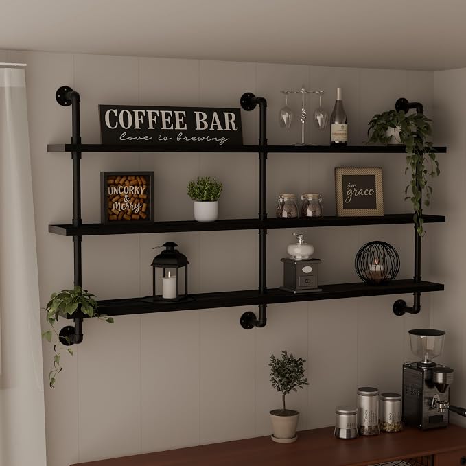 HDDFER Industrial Pipe Shelving Rustic Black Pipe Wall Shelves Industrial Shelves with Wood Planks Floating Shelves 60 Inch Farmhouse Bathroom,Kitchen Shelving Wall Mounted