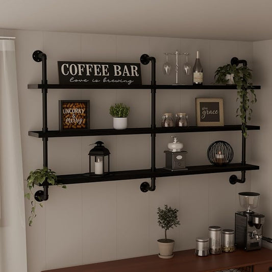 HDDFER Industrial Pipe Shelving Rustic Black Pipe Wall Shelves Industrial Shelves with Wood Planks Floating Shelves 60 Inch Farmhouse Bathroom,Kitchen Shelving Wall Mounted