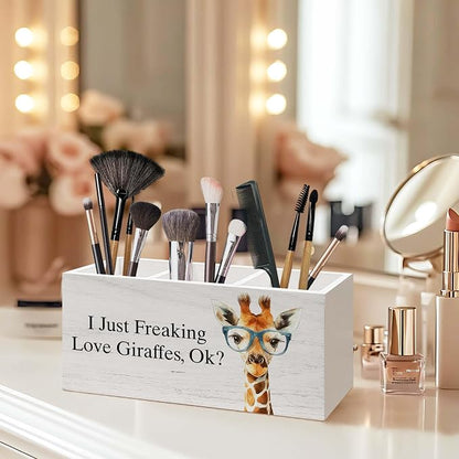 Giraffe Gifts Pen Holder for Desk, Funny Cute Wild Animal Pencil Organizer, Giraffe Gifts for Women, I Just Freaking Love Giraffes Wooden Pen Holder Desk Accessories Decor for Home Office