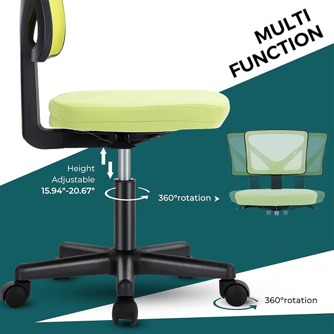 DUMOS Small Desk Chair Armless, Ergonomic Adjustable Home Office Swivel Rolling Task Chair No Arms, Comfy Mesh Mid Back Computer Work Vanity Desk Chiars with Wheels for Small Spaces, Green