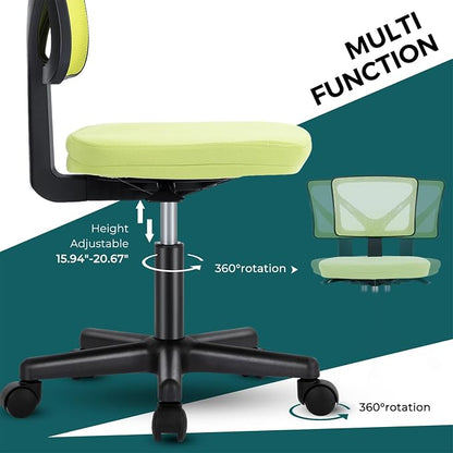 DUMOS Small Desk Chair Armless, Ergonomic Adjustable Home Office Swivel Rolling Task Chair No Arms, Comfy Mesh Mid Back Computer Work Vanity Desk Chiars with Wheels for Small Spaces, Green