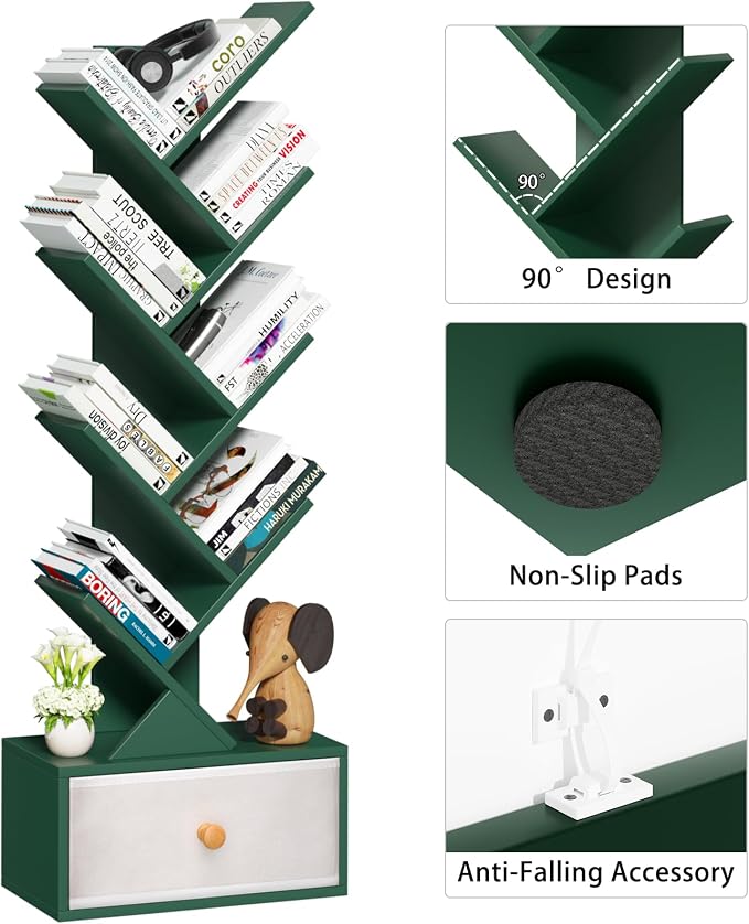SHEEPAM 8 Tier Tree Bookshelf with Drawer, Free Standing Wood Green Bookcase for Narrow Space, Storage Organizer Bookshelves for Books, Book Case for Home Office, Living Room, Bedroom