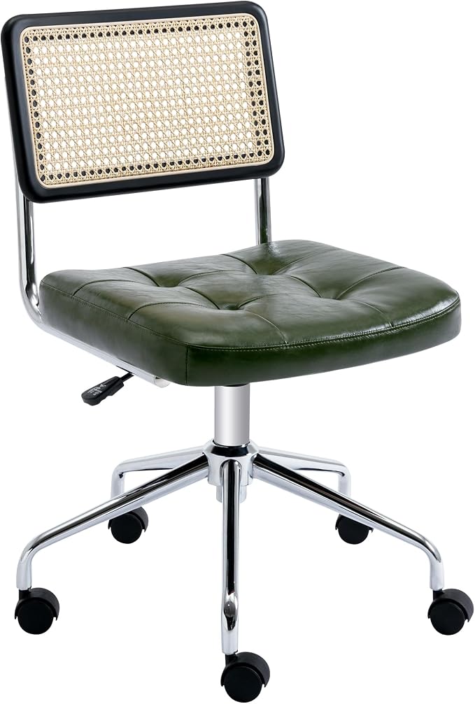 Zesthouse Mid Century Home Office Chair, Armless Desk Chair with Rattan Back, Adjustable Height Task Chair Vanity Chair for Girls Women, Upholstered Swivel Chair, Green Faux Leather
