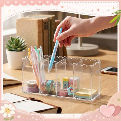 Scalloped Acrylic Pencil Holder for Desk, Clear Pen Organizer with 4 Compartments, Marker Makeup Brush Holder Remote Caddy for Home, Office, Bathroom, Classroom, Table