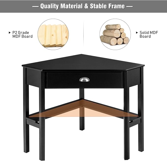 GOFLAME Computer Corner Desk, Wood Compact Home Office Writing Workstation with Drawer and Shelves, Laptop PC Corner Table for Small Space Home Office, Black