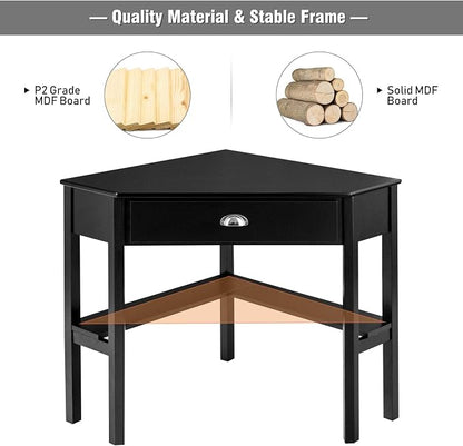 POWERSTONE Corner Desk for Small Space - Triangle Computer Writing Desk Corner Makeup Vanity Table with Storage Drawer & Shelf for Home Office, Workstation, Living Room, Bedroom,Black
