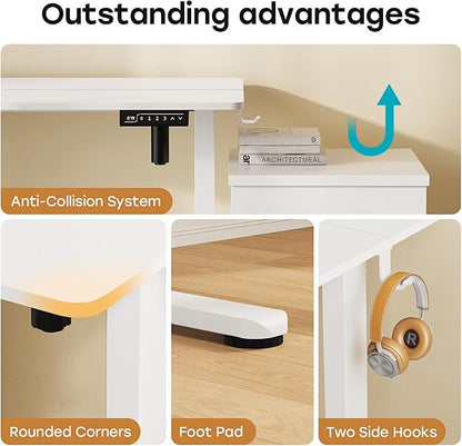 Small Electric Standing Desk, 40" ×20" White Standing Table, Height Adjustable Compact Sit Stand Desk with Splice Board, Home Office Table with 2 Hooks