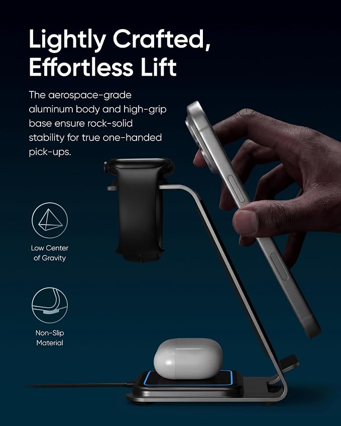 Intoval Aluminum 3 in 1 Wireless Charging Station for iPhone 17 16 15 14 13 12 11 Pro Max XR, Wireless Charger for Apple Watch 11 10 9 8 7 Ultra SE 3 2, Phone Charger for AirPods 4 Pro 2 3 (Lavender)
