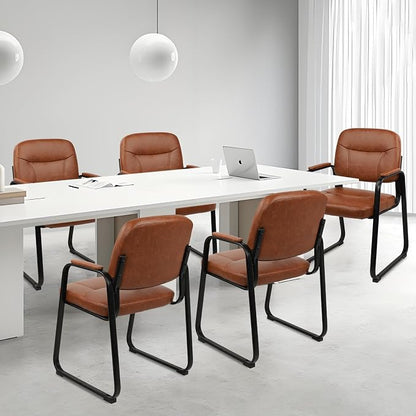 CLATINA Waiting Room Guest Chair with Bonded Leather Padded Arm Rest for Office Reception and Conference Desk Black with Sled Base Brown 6 Pack