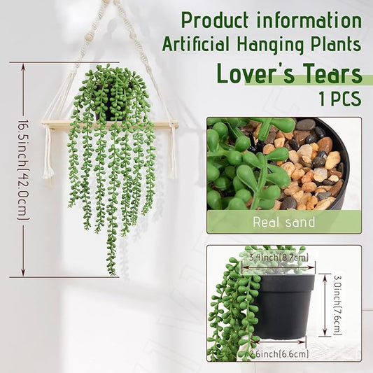 Realistic Artificial String of Pearls Plant - Faux Hanging Succulent Trailing Plant with Black Pot, Natural-Looking Small Potted Faux Plant Indoor Outdoor for Home Office Shelf Decor