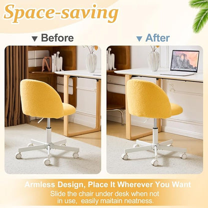 VINGLI Candy Chair Armless Cute Desk Chair,Comfy Small Office Chair with Wheels,Vanity Chair Lumbar Support,Teddy Adjustable Rolling Swivel Computer Task Chair for Home Office,Bedroom,Sunny Egg Yellow
