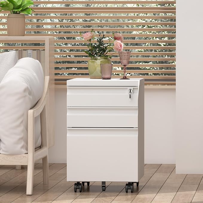 3 Drawer File Cabinet, Metal Printer Stand with Roling Caster, Under Desk Storage for Home Office, File Cabinet with Lock, No Assembly Required, White