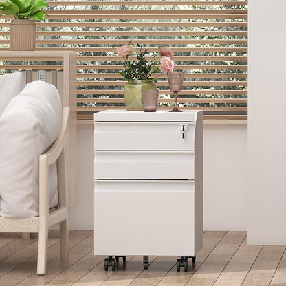 3 Drawer File Cabinet, Metal Printer Stand with Roling Caster, Under Desk Storage for Home Office, File Cabinet with Lock, No Assembly Required, White