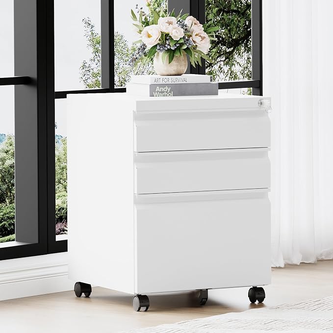 RAVIGIN 3 Drawer File Cabinet，Mobile Filing Cabinet with Lock and Wheels，Un-Assembled Metal Under Desk File Cabinets for A4/Letter/Legal Size（White