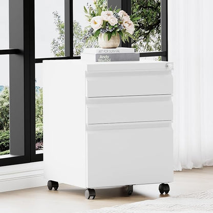 RAVIGIN 3 Drawer File Cabinet，Mobile Filing Cabinet with Lock and Wheels，Un-Assembled Metal Under Desk File Cabinets for A4/Letter/Legal Size（White