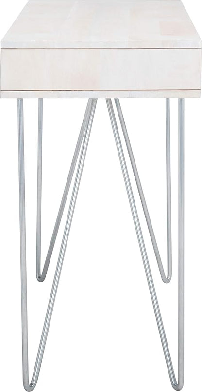 SAFAVIEH Home Office Collection Raveena White Wash and Silver 1-Drawer Hairpin Leg Desk
