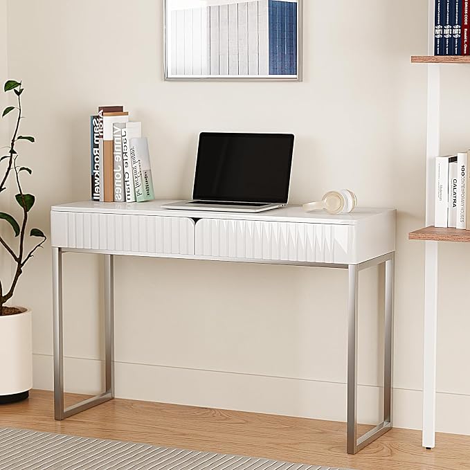 Tamworth Design Modern Multi-Purpose Desk, White & Antique Brass, 43" L x 15.75" W, 2 Large Drawers, Computer/Vanity/Study, Adult Size