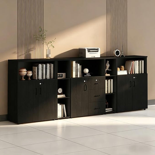 File Cabinet with Password Lock, Wood Lateral Filing Cabinet for Letter/A4 Files, 3 Drawer with Door, Printer Stand with Open Shelves for Home Office