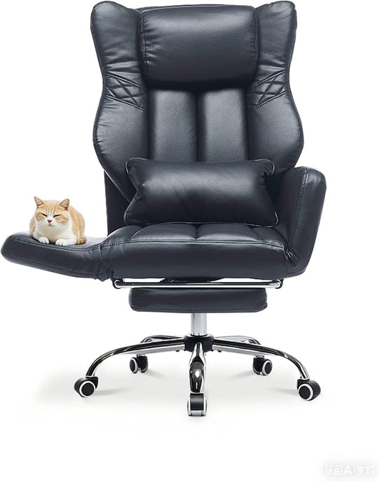High Back Executive Office Chair with Footrest, Reclining PU Leather, Lumbar Support, Criss Cross Style, 155° Recline, Black (Black)
