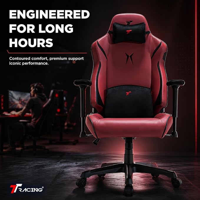 TTRACING Ergonomic Gaming Chair with 22-Inch Extra Wide Seat | Premium cold-molded foam desk seating for home office setup. Features 135° recline and heavy-duty frame Red