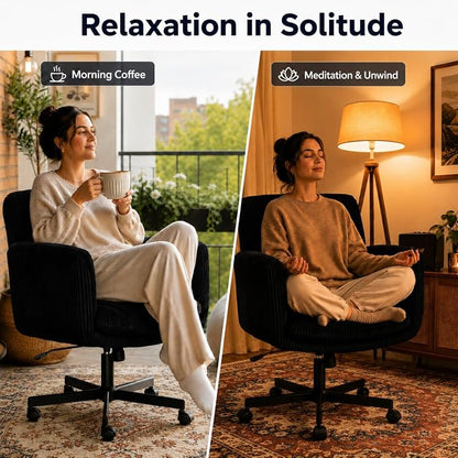Criss Cross Office Chair with Wheels and Arms, Vanity Chair with Back, Comfy Swivel Cross Legged Office Chairs for Ultimate Comfort and Support, Unique Multifunctional Stylish Arms (Corduroy Black)