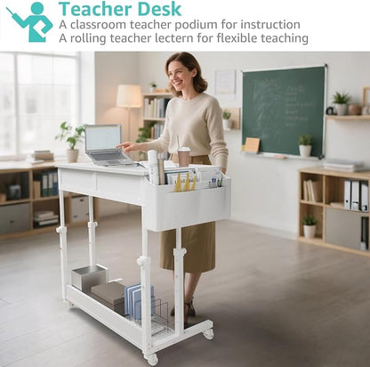 WINAZ Small Rolling Desk with Drawers & Storage - 32 Inch Adjustable Height Standing Desk on Wheels for Teachers, Students, Portable Mobile Workstation for Home Office, Small Spaces, Sewing & Crafts