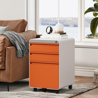 Dripex 3 Drawer File Cabinet, Mobile Under Desk Storage File Cabinet with Lock on Wheels, Letter/Legal Size, Fully Assembled, Vertical Metal Rolling Filing Cabinets for Home Office (Orange+White)