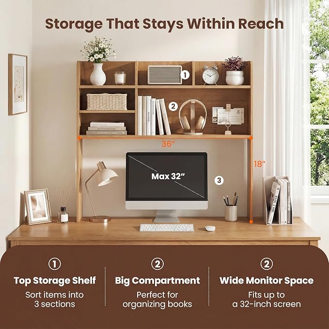 LDAILY 3-Tier Desktop Bookshelf, Wooden Desk Hutch for Computer Monitor Up to 32 Inch, Desk Organizer Shelf with Adjustable Shelf & 6 Storage Shelves, Desk Display Rack for Home Office Dorm (Natural)