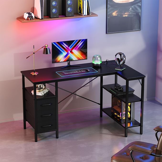 Simple Deluxe L Shaped Gaming Desk with Power Outlets, 47 Inch Computer Desk with 3 Drawers, Shelves, Corner Computer Desk for Gaming, Corner Work, Home Office, Study, Black