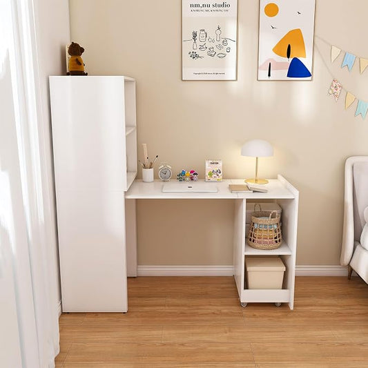 Fold Out Desk with Storage Shelves & Mobile Wheels, Convertible Pull-Out Murphy Desk for Small Spaces | Hidden Writing Computer Desks for Home Office, Apartment & Bedroom(White-)
