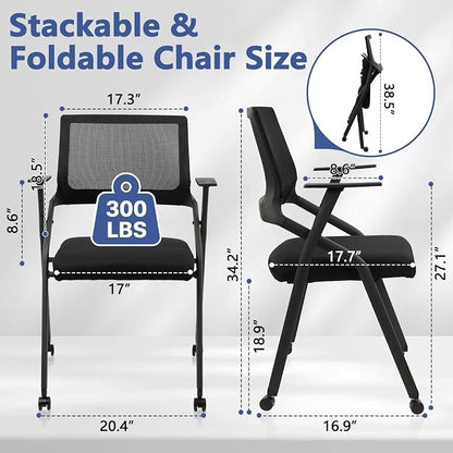 CLATINA Stackable Foldable Conference Room Chairs with Wheels, Portable Padded Office Desk Chair with Lumbar Support and Armrest for Training Room, Guest, Reception, Event, Black (20pk)