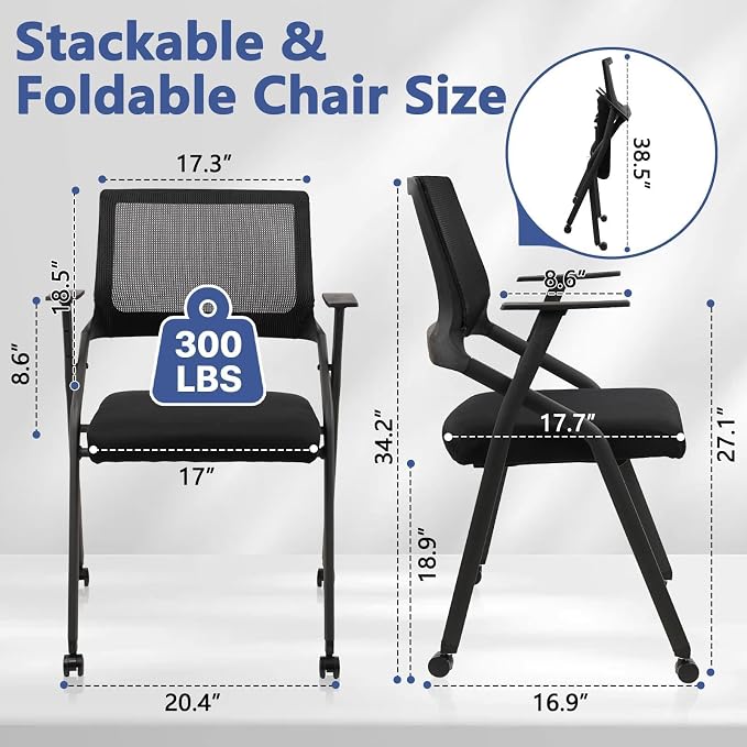 CLATINA Stackable Foldable Conference Room Chairs with Wheels, Portable Padded Office Desk Chair with Lumbar Support and Armrest for Training Room, Guest, Reception, Event, Black (10pk)