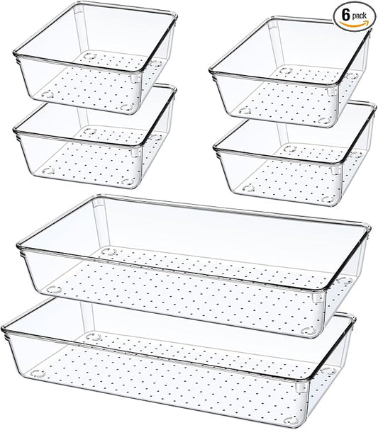 6 PCS Large Size Clear Plastic Drawer Organizer Tray, 12'' Acrylic Vanity Bathroom Drawer Organizers Trays, Desk Drawer Organizer Bins for Cosmetic, Makeup, Kitchen, Office Drawer Divider Organization