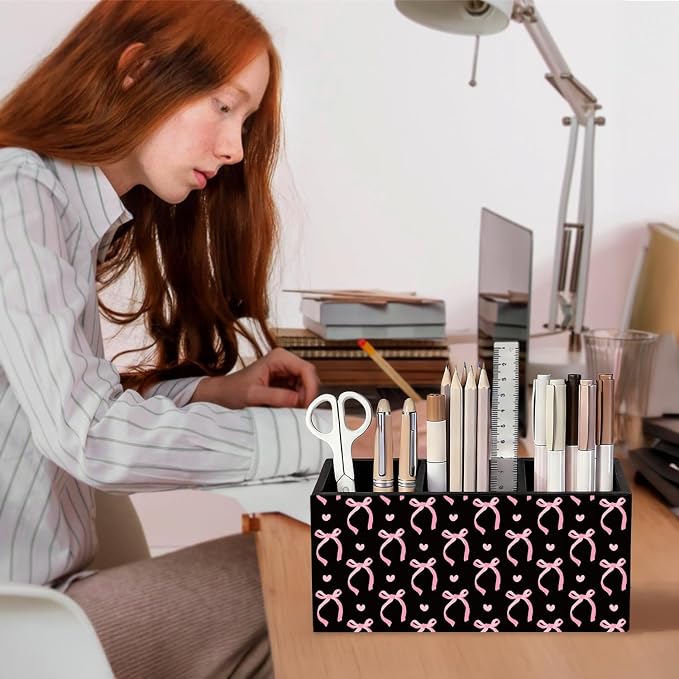 Pink and Black Bow Pen Pencil Holder for Desk Accessories Decor | Office Accessories for Women, Pink and Black Bow Pen Pencil Wooden Organizer Decorations for Dorm Room Bedroom Tabletop Desk