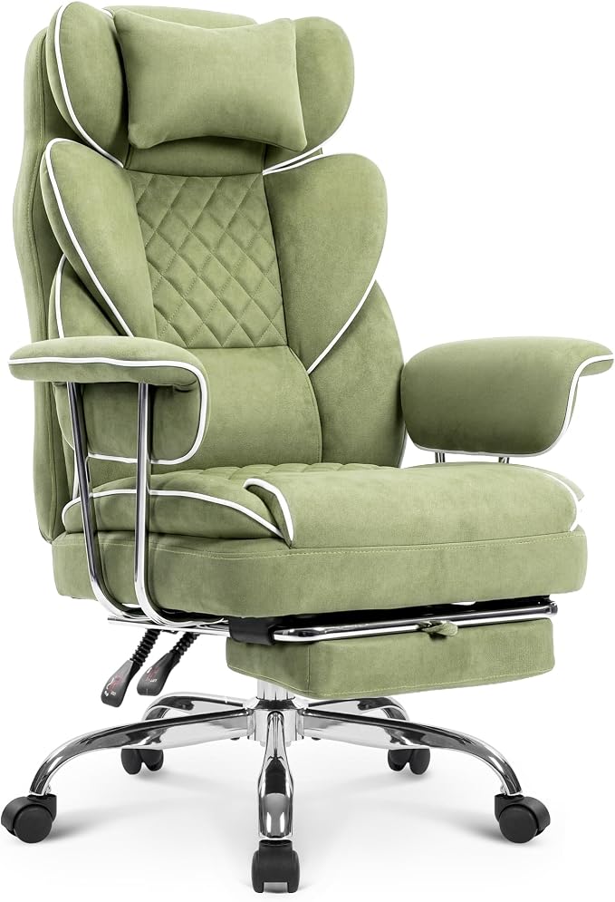 NEO CHAIR Big and Tall Office Chair Gaming Computer Chair High Back Heavy Duty Desk Chai with Lumbar Support Adjustable Recliner Footrest Wide Seat Fabric Executive Home with Wheels (Fabric Green)