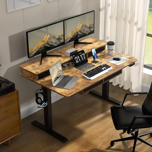 55 * 30 Inches Electric Standing Widened Desk Adjustable Height with 4 Drawers, Double Storage Shelves Stand Up Desk, Home Office Workstation Sit Stand up Desk (Rustic Brown)
