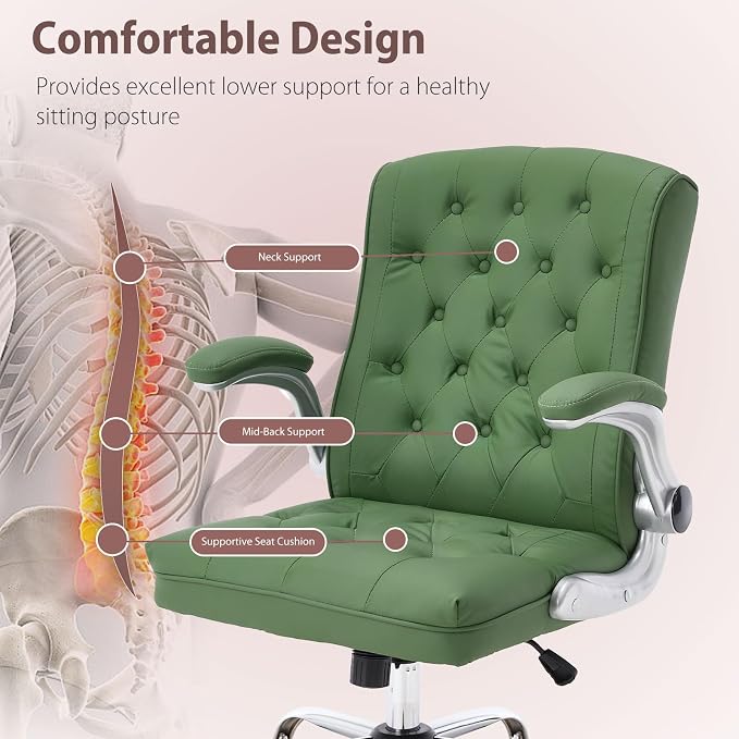 Mid-Back Office Chair, Modern Leather Ergonomic Executive Desk Chair with Flip Up Arm, Mid Century Swivel Task Chair, Small Rocking Computer Chair with Wheels for Home Office Meeting Room