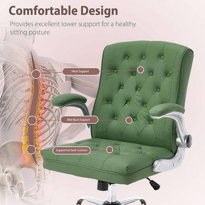 Mid-Back Office Chair, Modern Leather Ergonomic Executive Desk Chair with Flip Up Arm, Mid Century Swivel Task Chair, Small Rocking Computer Chair with Wheels for Home Office Meeting Room