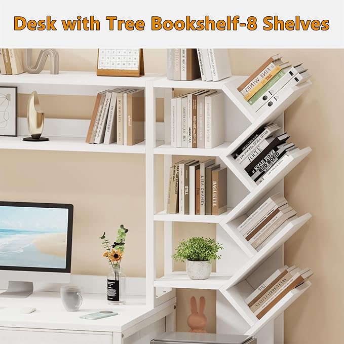 YOMILUVE Reversible Computer Desk with Hutch, Home Office Desk with 5 Drawers and Bookshelf, 52'' Study Writing Desk with Storage Shelves for Bedroom Home Office, White