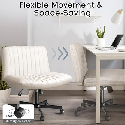 PUKAMI Criss Cross Chair,Comfy Cross Legged Office Desk Chair No Wheels,Modern Fabric Swivel Adjustable Height Mid Back Wide Seat for Home Office Computer (Beige with Wheels)