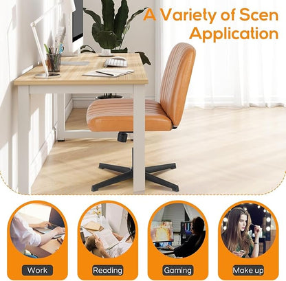 DUMOS Criss Cross Chair No Wheel Legged Office Wide Comfy Desk Vanity Chair, Armless Computer Task Seating PU Leather, Swivel Home Height Adjustable for Bedroom, Study, Brown No Wheel