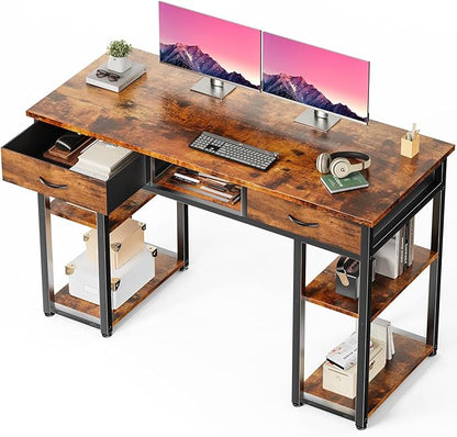 DUMOS 48" Small Computer Home Office Desk for Bedroom with Drawers, Gaming Writing Study Table with Storage Shelf, Adjustable Feet, Metal Frame Natural Brown