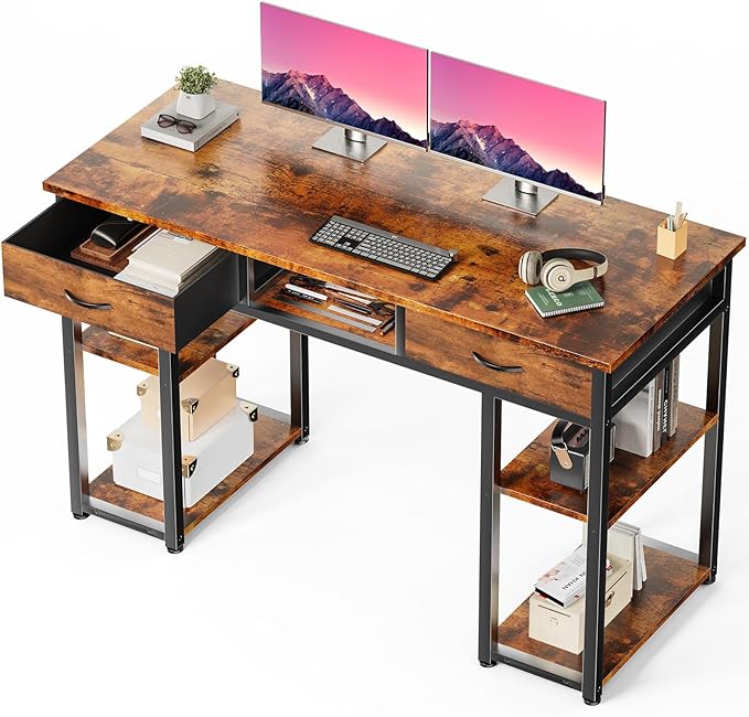 48" Small Gaming Desk with Drawers, Home Office Computer Writing Study Table with Storage Side Bag, Headphone Hook, and Adjustable Feet for Bedroom, Brown