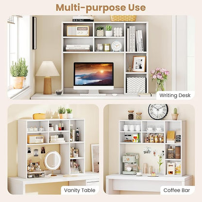 GOFLAME 7 Cubes Desktop Bookshelf, 37” Desk Organizer Shelf with 3 Adjustable Shelves, 3-Tier Wood Countertop Display Rack, Multipurpose Tabletop Desk Hutch for Dorm, Home Office, White